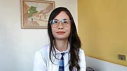Nerdy teen brunette with glasses is about to have anal sex for the first time