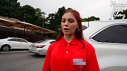 Red haired girl is eagerly sucking a rock hard dick during a steamy, ffm threesome