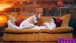 Red haired chick is sucking and riding her step- brother's rock hard dick, on the couch