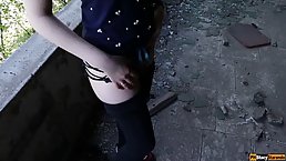 Slim blonde is sucking a rock hard dick and rubbing her pussy in the ruins