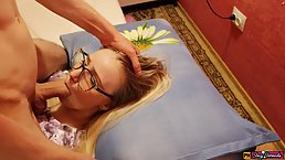 Nerdy blonde babe is wearing glasses even while sucking her boyfriend's dick, like a real pro