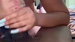 Ebony BBW is eagerly sucking her new lover's massive cock, as deep as she can