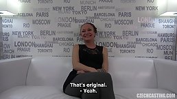 Czech brunette, Petra is kneeling on the floor and eagerly sucking a rock hard dick