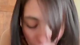 Amazing brunette is giving a deep blowjob to her new lover, to make him cum