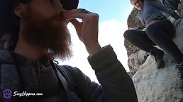Two slutty girls are having a ffm threesome in the cave, in the middle of the day