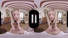 Slim blonde babe with pigtails, Sicilia is getting fucked from the back, in a POV style
