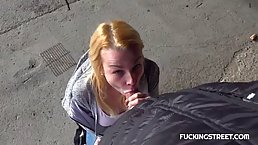Dirty minded blonde is about to suck dick and get fucked in a public place