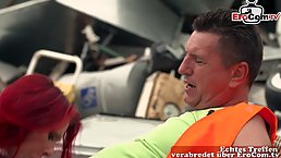 Big ass, red haired woman is getting her tight, German ass stuffed with a rock hard dick