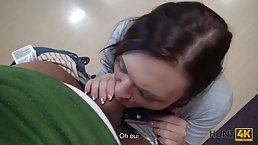 Naughty brunette, Ornella Morgan is sucking a horny guy's rock hard dick to earn some cash