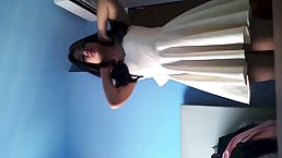 Big titted, Asian brunette is about to have a shower in front of the camera