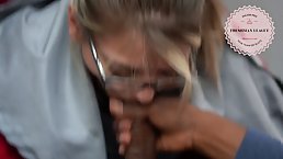 Nerdy girl with glasses is sucking a big, black dick to make her lover explode from pleasure