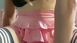 Horny teen in a mini skirt is riding her favorite sex toy and moaning while cumming