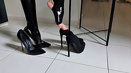 Hot woman in latex stockings likes to put on shoes with high heels and erotic clothes