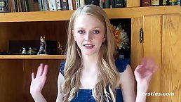Petite blonde babe is about to be naughty in front of the camera, for the first time