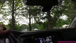 Platinum blonde teen is eagerly sucking a rock hard cock in the car, during the day