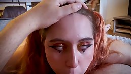 Chubby redhead with natural breasts and pierced npples is sucking her lover's rock hard dick