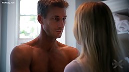 Small titted blonde babe, Kenna James is having casual sex with a handsome guy from the neighborhood