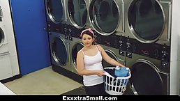 Petite teen brunette, Cali Hayes is getting fucked from the back while doing her laundry