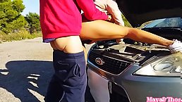 Slutty babe lets a random guy fuck her from the back, after fixing her car