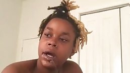 Ebony girl is sucking a rock hard cock in front of the camera, just for fun