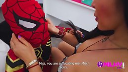 Big titted brunette is having sex with a super short guy and enjoying it a lot