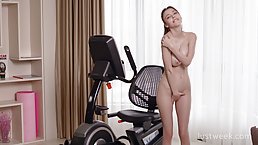 Hot brunette with natural breasts, Mila Azul is masturbating instead of doing her workout routine