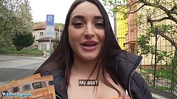 Spanish brunette with natural boobs is sucking and riding a rock hard cock in a public place