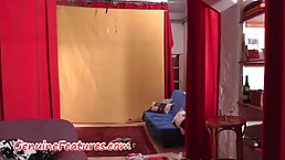 Horny blonde babe with big tits is getting fucked on the couch while no one is watching