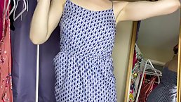 Small tits girl trying on dresses with no panties