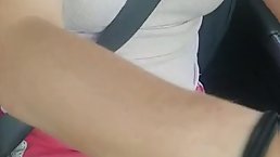 Blonde driver piss in plastic bottle