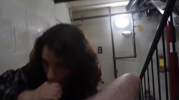 Amateur teen sucks dick on stairs