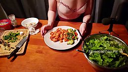 Asian girl coocks dinner and gets big black dick