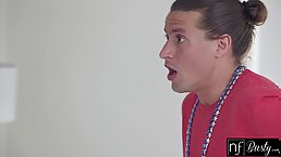 Busty brunette girl gangbanged by two guys