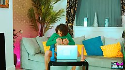 Horny lesbian girl teases blue pussy