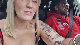 Mature blonde strips in the car