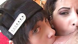 Brunette tenagers loving to suck big cock