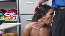 Small tits brunette shoplifter brought to the backroom for interrogation