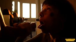 Inked brunette slut gives secret blowjob