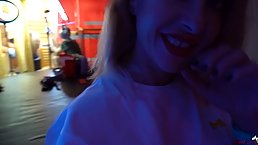 Busty blonde MILF masturbates behind the scene