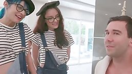 Three sexy teen painters team up to suck and fuck huge paintbrush
