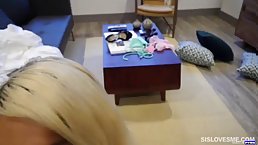 Blonde hottie Elizabeth Jolie sucks and fucks her stepbo`s dick POV