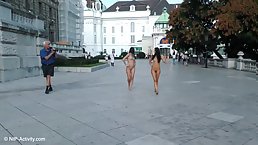 Two sexy girls Aiko May and Katerina walking nude on public in Vienna