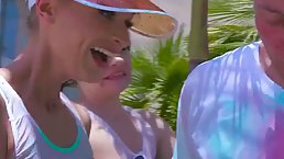Sexy teens share massive cock in a hot FFFM foursome