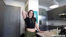 Brunette teen Sophia Burns fucks her stepdad for a car keys