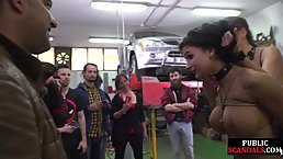 Big tits brunette slave slut gets fucked on public by dominator