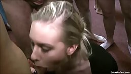 Two slutty girls Pixiee Little & Grace Harper enjoy blowbang Bukkake party