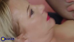 Mature blonde slut in stockings gets her ass rammed by big young cock