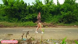 Sexy redhead MILF walking naked on the old plant