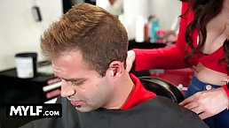 Busty brunette MILF barber Melody Mynx gives her client a boner and a blowjob