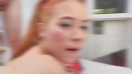 Young redhead slut Little Chloe enjoys her first 6-on-1 gangbang with DP